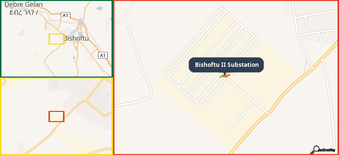 Map showing the address of Bishoftu II Substation in three different zoom levels.