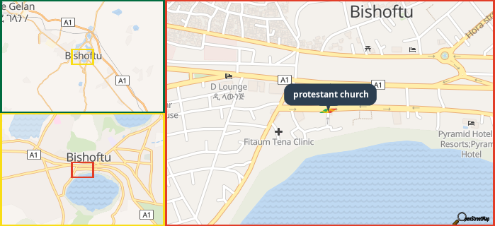 Map showing the address of protestant church in three different zoom levels.