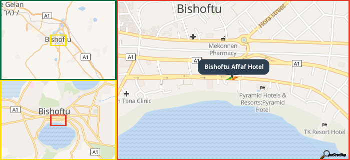 Map showing the address of Bishoftu Affaf Hotel in three different zoom levels.