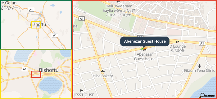 Map showing the address of Abenezar Guest House in three different zoom levels.