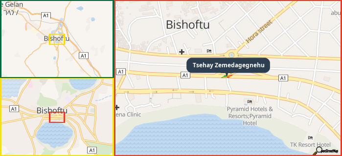 Map showing the address of Tsehay Zemedagegnehu in three different zoom levels.