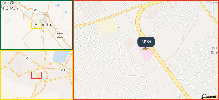 Map showing the address of ቢሾፍቱ in three different zoom levels.