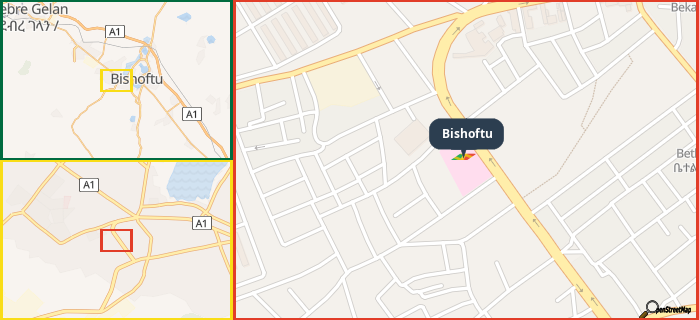 Map showing the address of Bishoftu in three different zoom levels.