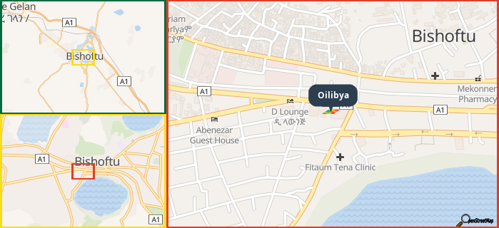 Map showing the address of Oilibya in three different zoom levels.