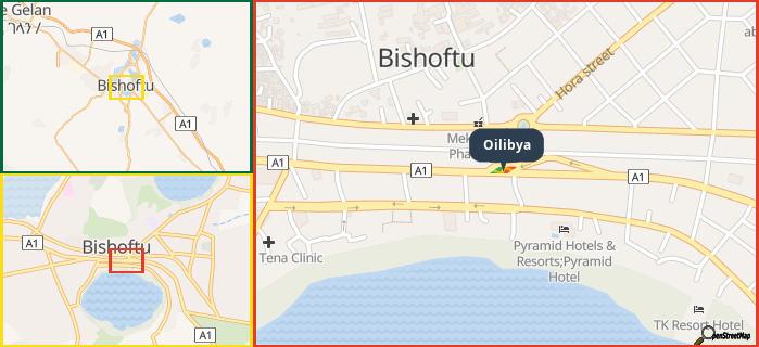 Map showing the address of Oilibya in three different zoom levels.