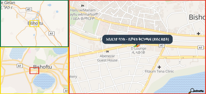 Map showing the address of አቢሲንያ ባንክ - ቢሾፍቱ ቅርንጫፍ (ደብረ ዘይት) in three different zoom levels.