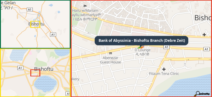 Map showing the address of Bank of Abyssinia - Bishoftu Branch (Debre Zeit) in three different zoom levels.