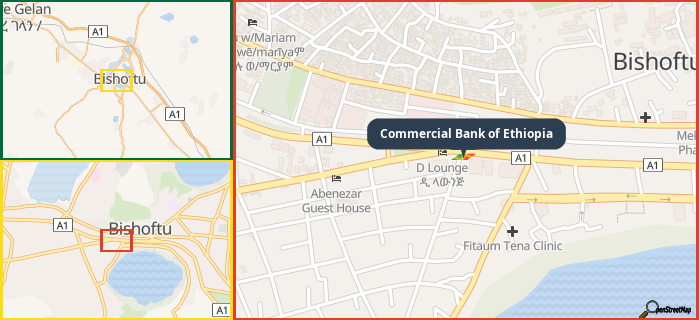 Map showing the address of Commercial Bank of Ethiopia in three different zoom levels.