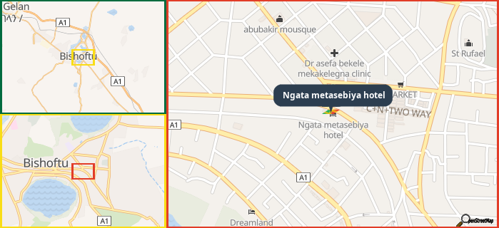 Map showing the address of Ngata metasebiya hotel in three different zoom levels.