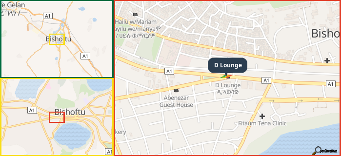 Map showing the address of D Lounge in three different zoom levels.