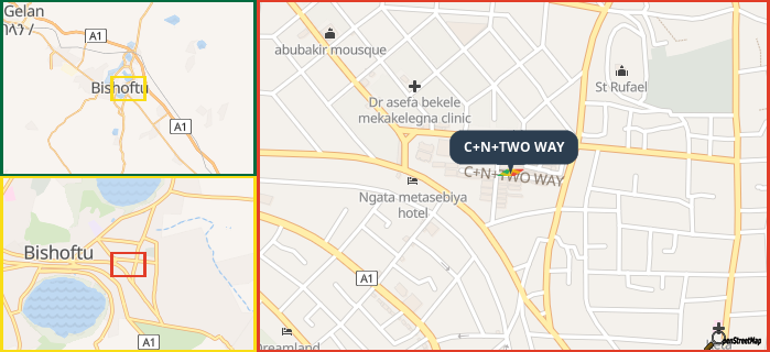 Map showing the address of C+N+TWO WAY in three different zoom levels.