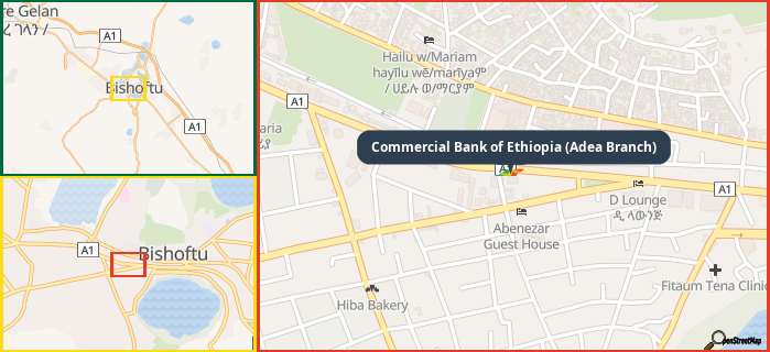 Map showing the address of Commercial Bank of Ethiopia (Adea Branch) in three different zoom levels.