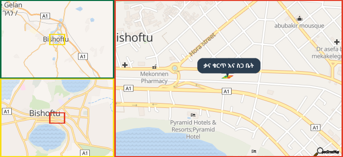 Map showing the address of ቃና ቁርጥ እና ስጋ ቤት in three different zoom levels.