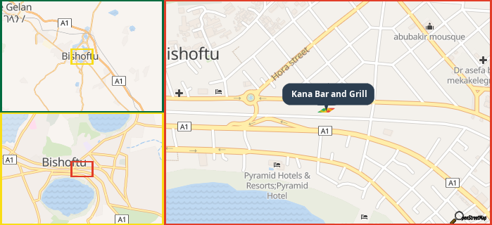 Map showing the address of Kana Bar and Grill in three different zoom levels.