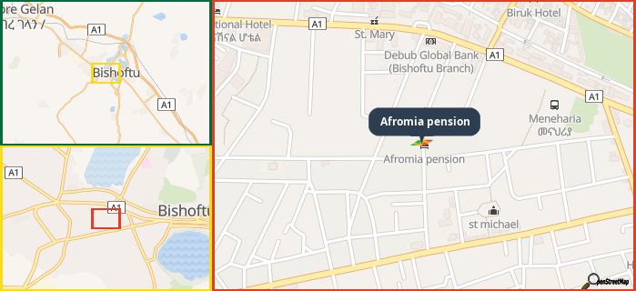 Map showing the address of Afromia pension in three different zoom levels.
