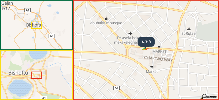 Map showing the address of ኢ.ን.ባ in three different zoom levels.