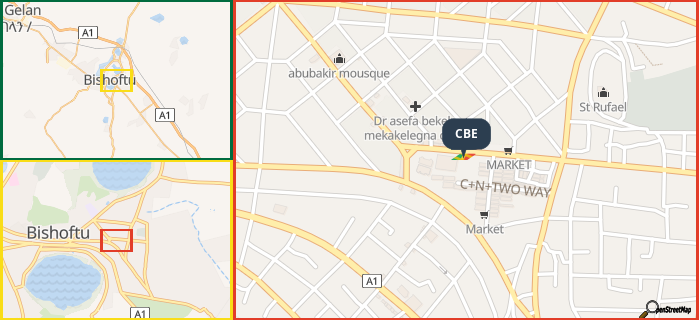 Map showing the address of CBE in three different zoom levels.