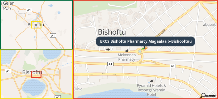 Map showing the address of ERCS Bishoftu Pharmarcy.Magaalaa b-Bishooftuu in three different zoom levels.