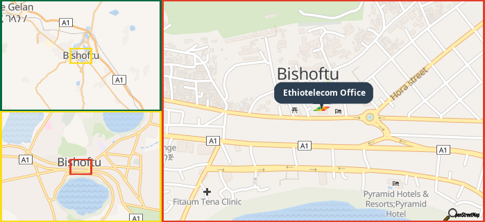 Map showing the address of Ethiotelecom Office in three different zoom levels.