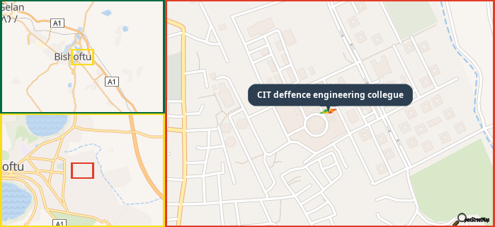 Map showing the address of CIT deffence engineering collegue in three different zoom levels.