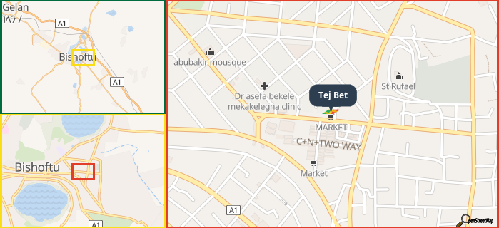 Map showing the address of Tej Bet in three different zoom levels.