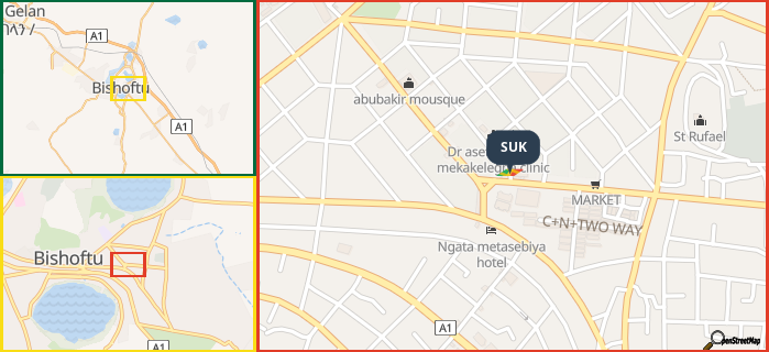 Map showing the address of SUK in three different zoom levels.