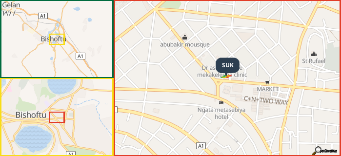 Map showing the address of SUK in three different zoom levels.