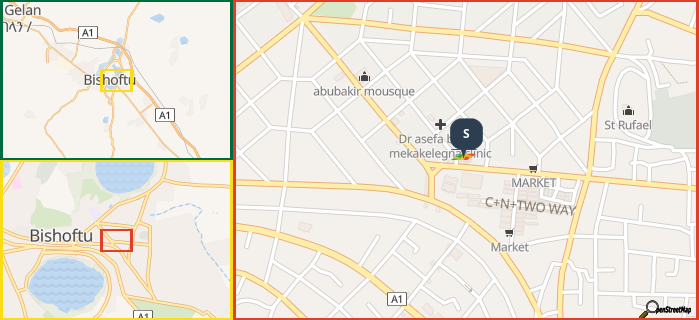 Map showing the address of S in three different zoom levels.