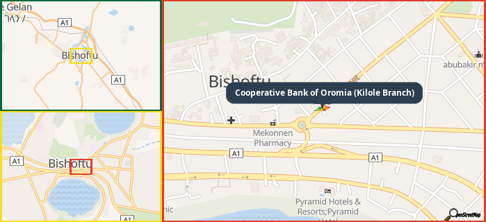 Map showing the address of Cooperative Bank of Oromia (Kilole Branch) in three different zoom levels.