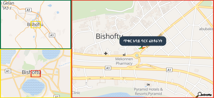 Map showing the address of ጥቁር አባይ ባርና ሬስቶራንት in three different zoom levels.