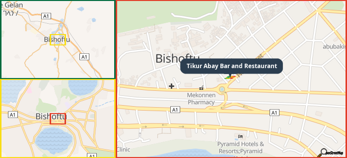 Map showing the address of Tikur Abay Bar and Restaurant in three different zoom levels.