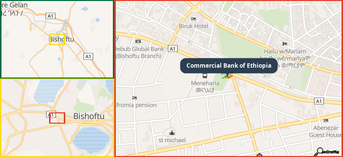 Map showing the address of Commercial Bank of Ethiopia in three different zoom levels.