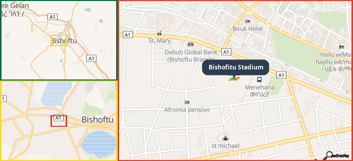 Map showing the address of Bishofitu Stadium in three different zoom levels.