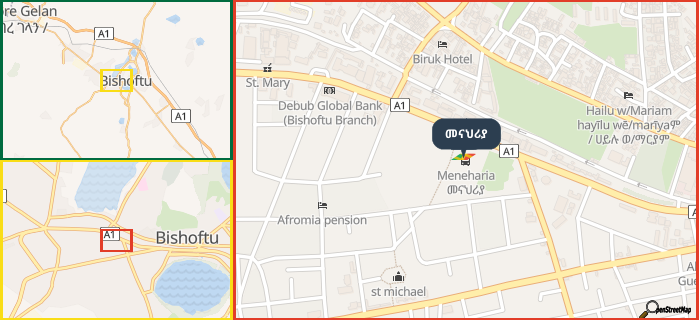 Map showing the address of መናህሪያ in three different zoom levels.