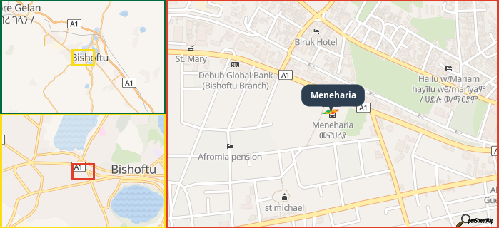 Map showing the address of Meneharia in three different zoom levels.