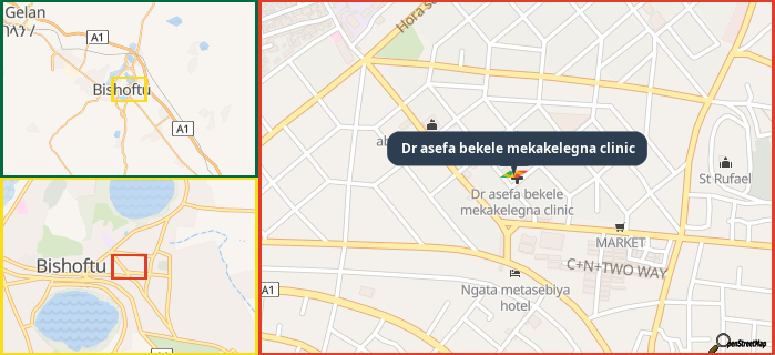 Map showing the address of Dr asefa bekele mekakelegna clinic in three different zoom levels.