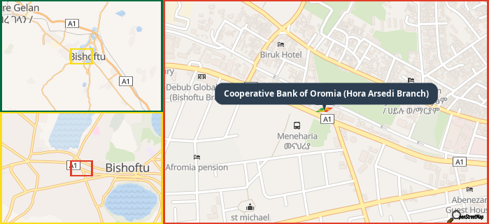Map showing the address of Cooperative Bank of Oromia (Hora Arsedi Branch) in three different zoom levels.
