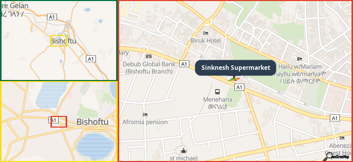 Map showing the address of Sinknesh Supermarket in three different zoom levels.