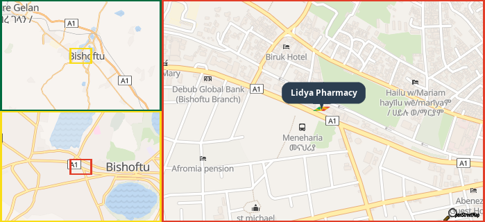 Map showing the address of Lidya Pharmacy in three different zoom levels.