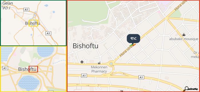 Map showing the address of ዊነር in three different zoom levels.