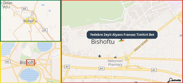 Map showing the address of Yedebre Zeyit Alyans Fransez Timhirt Bet in three different zoom levels.