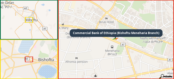 Map showing the address of Commercial Bank of Ethiopia (Bishoftu Meneharia Branch) in three different zoom levels.