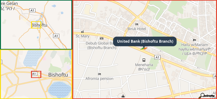 Map showing the address of United Bank (Bishoftu Branch) in three different zoom levels.