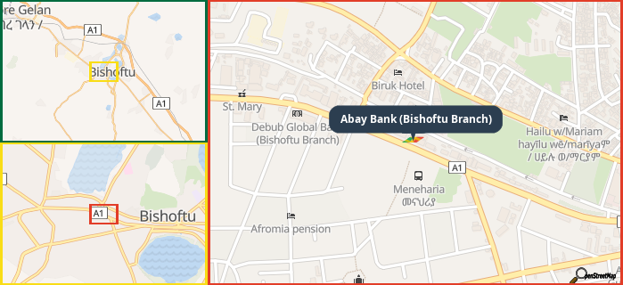 Map showing the address of Abay Bank (Bishoftu Branch) in three different zoom levels.