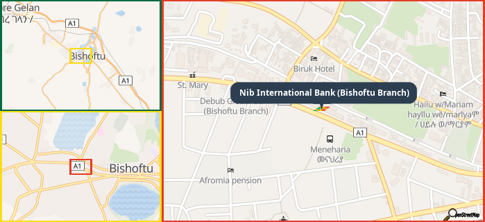 Map showing the address of Nib International Bank (Bishoftu Branch) in three different zoom levels.