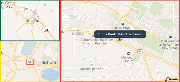 Map showing the address of Bunna Bank (Bishoftu Branch) in three different zoom levels.