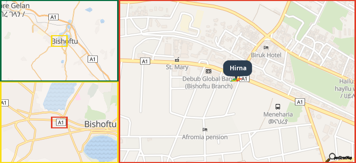 Map showing the address of Hirna in three different zoom levels.