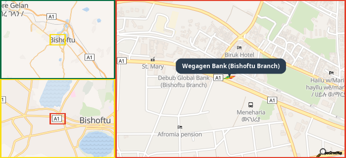 Map showing the address of Wegagen Bank (Bishoftu Branch) in three different zoom levels.