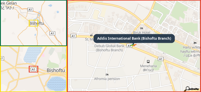 Map showing the address of Addis International Bank (Bishoftu Branch) in three different zoom levels.