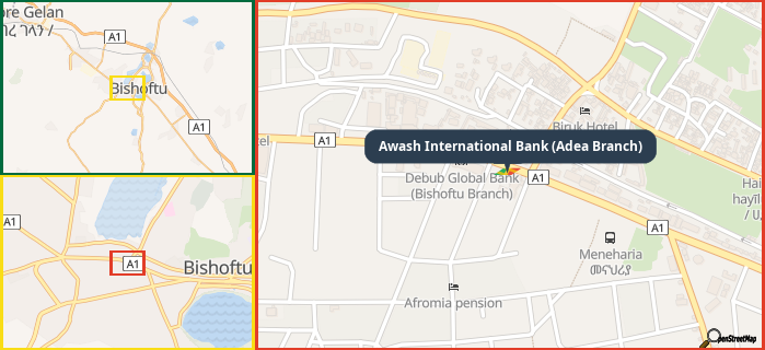 Map showing the address of Awash International Bank (Adea Branch) in three different zoom levels.